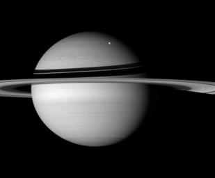 NASA's Cassini spacecraft snapped this Saturn portrait from the distance of Iapetus, just before beginning its close encounter with the two-toned moon on Sept. 9, 2007.