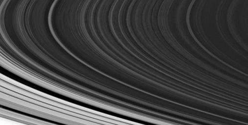 The spoke-forming region in the outer part of Saturn's B ring is often seen to exhibit the irregular, patchy appearance around the ring that is visible in this image captured by NASA's Cassini spacecraft on Oct. 21, 2007.