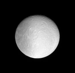 NASA's Cassini spacecraft examines the icy, crater-saturated face of Rhea. This view looks toward the anti-Saturn side of Rhea (1,528 kilometers, or 949 miles across).