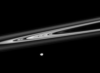 On Jan. 29, 2008, NASA's Cassini spacecraft viewed Saturn's luminescent rings provide striking contrasts of light and darkness, as the irregular shape of Janus glides across the foreground.