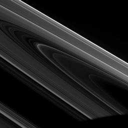 On Feb. 20, 2008, NASA's Cassini spacecraft captured this dramatic view of the unilluminated side of Saturn's rings seen at a high phase angle.