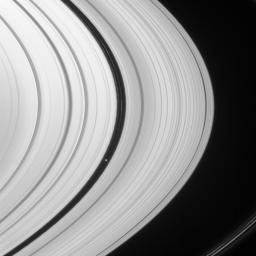 Curving wakes perturb the edges of the Encke Gap in Saturn's A ring. The culprit in their creation is the flying saucer-shaped moon Pan, shining brightly within the gap. NASA's Cassini spacecraft took this image on Mar. 5, 2009.