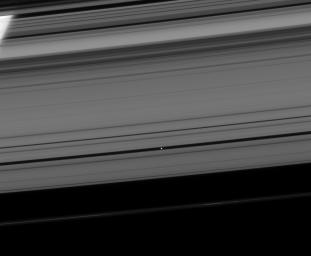 Pan coasts down its private highway within the Encke Gap. The limb of Saturn is seen through the rings at upper left in this image taken by NASA's Cassini spacecraft on Apr. 24, 2008.