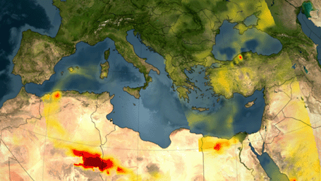 A series of fires across Greece in August of 2007 burned 469,000 acres, visualized here by the Atmospheric Infrared Sounder (AIRS) on NASA's Aqua satellite.