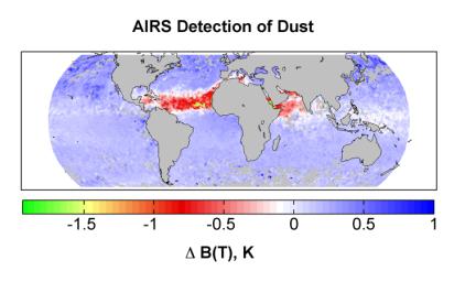 Detection of dust: global map for July 2003 from the Atmospheric Infrared Sounder (AIRS) instrument onboard NASA's Aqua satellite.