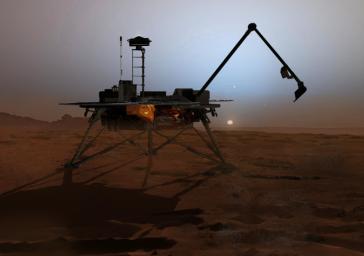 In this artist's concept illustration, NASA's Phoenix Mars Lander begins to shut down operations as winter sets in. The far-northern latitudes on Mars experience no sunlight during winter.