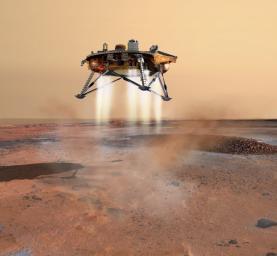 This artist's concept depicts NASA's Phoenix Mars Lander a moment before its 2008 touchdown on the arctic plains of Mars. Pulsed rocket engines control the spacecraft's speed during the final seconds of descent. 