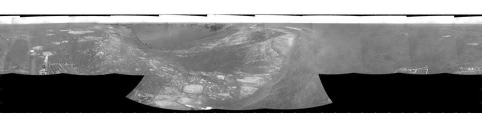NASA's Mars Exploration Rover Opportunity used its navigation camera during the rover's 1,278th Martian day, or sol, (Aug. 28, 2007) to take the images combined into this view. The rover was perched at the lip of Victoria Crater.