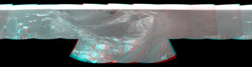 NASA's Mars Exploration Rover Opportunity took the images combined to make this stereo view on Aug. 28, 2007. The rover was perched at the lip of Victoria Crater. 3D glasses are necessary to view this image.