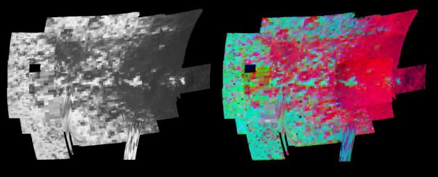NASA's Cassini spacecraft made a close flyby of Saturn's moon Iapetus on Sept. 10, 2007, and the visual and infrared mapping spectrometer obtained these images showing surface composition and particle size. 