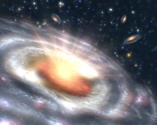 A growing black hole, called a quasar, is seen at the center of a faraway galaxy in this artist's concept. Astronomers using NASA's Spitzer and Chandra space telescopes discovered swarms of similar quasars hiding in dusty galaxies in the distant universe.