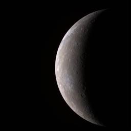 This visible-infrared image shows an incoming view of Mercury, about 80 minutes before NASA's MESSENGER spacecraft's closest pass of the planet on January 14, 2008, from a distance of about 27,000 kilometers (17,000 miles).