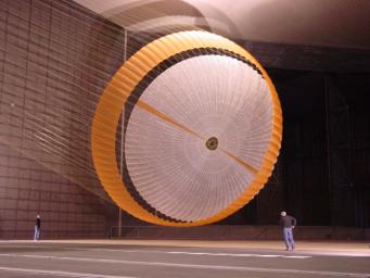 The team developing the landing system for NASA's Mars Science Laboratory tested the deployment of an early parachute design in mid-October 2007 inside the world's largest wind tunnel, at NASA Ames Research Center, Moffett Field, California.
