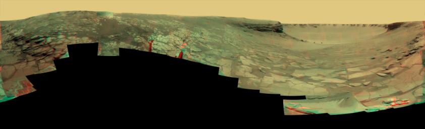 NASA's Mars Exploration Rover Opportunity examined rocks inside an alcove called 'Duck Bay' in the western portion of Victoria Crater. 3D glasses are necessary to view this image.
