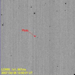 This image demonstrates the first detection of Pluto using the high-resolution mode on the NASA New Horizons Long-Range Reconnaissance Imager. The mode provides a clear separation between Pluto and numerous nearby background stars.
