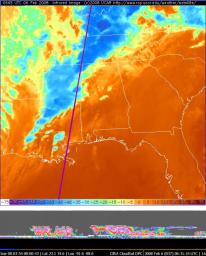 NASA's CloudSat satellite made a nighttime overpass of the thunderstorms responsible for the tornadic outbreak over Kentucky, Tennessee, and Mississippi on Tuesday, February 5, 2008.