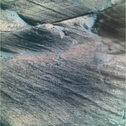 This false-color image from NASA's Mars Exploration Rover Opportunity taken Feb. 4, 2008 shows bedrock within a stratigraphic layer dubbed 'Lyell,' the lowermost of three layers the rover examined at a bright band around the inside of Victoria Crater.