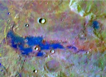 This image from NASA's Mars Odyssey shows a deposit of chloride (salt) minerals (bright blue) in the southern highlands of Mars in this false-color image, which highlights mineral composition differences.