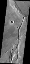 This image from NASA's Mars Odyssey shows an area located east of the major fracture system of Tempe Terra. The small ridges intersect to form polygons.