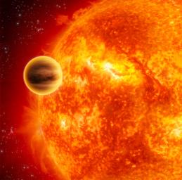 This artist's impression shows a gas-giant exoplanet transiting across the face of its star. Infrared analysis by NASA's Spitzer Space Telescope of this type of system provided the breakthrough. 