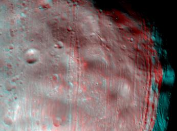 NASA's Mars Reconnaissance Orbiter took two images of the larger of Mars' two moons, Phobos, within 10 minutes of each other on March 23, 2008. 3D glasses are necessary to view this image.