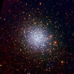 A cluster brimming with millions of stars glistens like an iridescent opal in this image from NASA's Spitzer Space Telescope. Called Omega Centauri, the sparkling orb of stars is like a miniature galaxy.