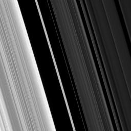 NASA's Cassini spacecraft stares at the Huygens Gap, the region between Saturn's outer B ring and the ringlets of the prominent Cassini Division, in this view taken on May 10, 2008.