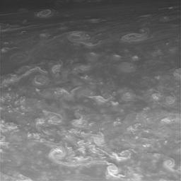 Twirling vortices swim through a vast ocean of hydrogen and helium in Saturn's far north. This image was taken with NASA's Cassini spacecraft narrow-angle camera on May 23, 2008.