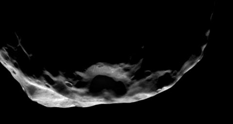 This shadowy scene is one of NASA's Cassini spacecraft's closest views of Saturn's moon Janus taken on June 30, 2008.
