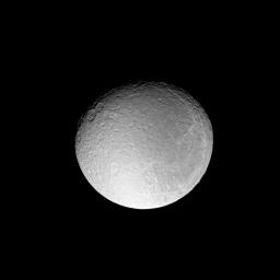 NASA's Cassini spacecraft acquired this detailed view of Rhea just before the moon slipped into an eclipse by Saturn's shadow. This view looks toward the Saturn-facing side of Rhea (1,528 kilometers, or 949 miles across).