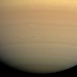 A line of vortices rolls through the turbulent region on Saturn nicknamed 'Storm Alley' by Cassini scientists. This image was in hues of pastel yellow was captured by NASA's Cassini spacecraft's wide-angle camera on July 23, 2008.
