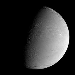 During a distant flyby encounter with Saturn's moon Enceladus, NASA's Cassini spacecraft imaged the moon's wrinkled leading hemisphere.