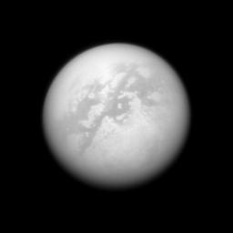 NASA's Cassini spacecraft peeks through the murk of Titan's thick atmosphere in a search for clouds. Although there are no obvious cloud features in this view, bright cloud streaks have occasionally been seen by Cassini and Earth-based telescopes.
