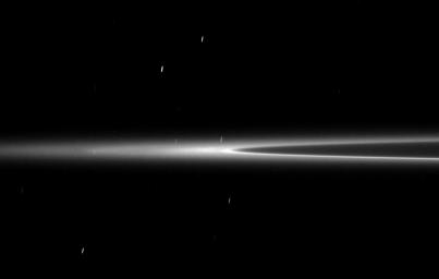 This low elevation image shows the G ring arc discovered by NASA's Cassini spacecraft. This faint arc of material is maintained by a gravitational interaction with the moon Mimas.