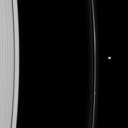 Pandora orbits near a kink in the F ring. Whether it was Prometheus or Pandora that created the kink is not obvious in this instance in this image taken by NASA's Cassini spacecraft on Oct. 15, 2008.