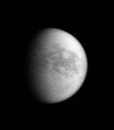 Although this image is centered on the Saturn-facing hemisphere of Titan, here the sun illuminates mainly the trailing hemisphere of Saturn's largest moon. This image was taken by NASA's Cassini spacecraft's narrow-angle camera on Nov. 9, 2008.