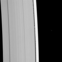 Saturn's moon, Daphnis, leaves a path of disturbance on either side of her as she moves in her orbit within the Keeler Gap in this image from NASA's Cassini spacecraft taken on Jan. 31, 2009.