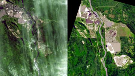 Near Fort McMurray, Alberta, Canada, on the east bank of the Athabasca River, are found the Steepbank and Millennium open pit mines. These images were acquired by NASA's Terra satellite on September 22, 2000 and July 31, 2007.