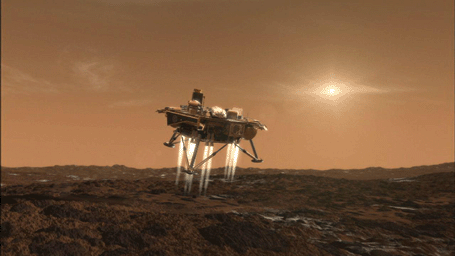 This artist's conception depicts NASA's Phoenix Mars Lander a moment before its touchdown on the arctic plains of Mars. 