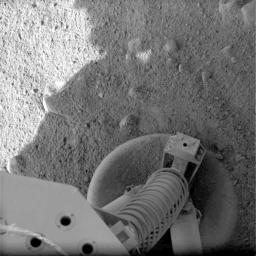 This view of a portion of the spacecraft deck and one of the footpads of NASA's three-legged Phoenix Mars Lander shows a solid surface at the spacecraft's landing site. 