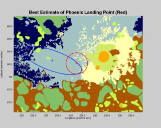 The center of the red circle on this map shows where NASA's Phoenix Mars Lander eased down to the surface of Mars in an arctic region called Vastitas Borealis.