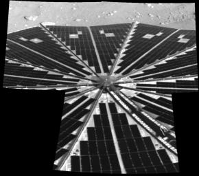 Shown here is one of the first images taken by NASA's Phoenix Mars Lander of one of the octagonal solar panels, which opened like two handheld, collapsible fans on either side of the spacecraft.