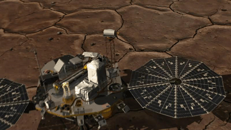 This image shows how NASA's three-legged Phoenix Mars Lander is able to get a better look at its footing and the physical characteristics of the underlying soil on the surface of the Red Planet.