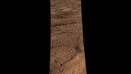 This image shows the vast plains of the northern polar region of Mars, as seen by NASA's Phoenix Mars Lander shortly after touching down on the Red Planet. The flat landscape is strewn with tiny pebbles and shows polygonal cracking.