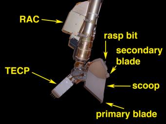 Image illustrates the tools on the end of the arm that are used to acquire samples, image the contents of the scoop, and perform science experiments.