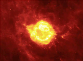 A seething cauldron of light appears to bubble and ooze around the remains of a giant star that astronomers have been watching tear itself apart for the last 300 years. Different observations taken over three years by NASA's Spitzer Space Telescope. 