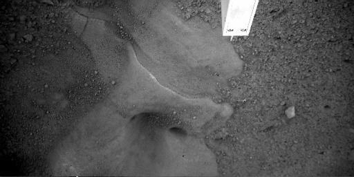 NASA's Phoenix Mars Lander shows shows a close-up of the 'Snow Queen' feature under the lander. The area has a smooth surface with layers visible and several smooth rounded cavities.