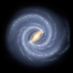 This artist's concept illustrates the new view of the Milky Way. The galaxy's two major arms can be seen attached to the ends of a thick central bar, while the two now-demoted minor arms are less distinct and located between the major arms.