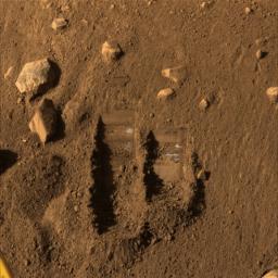 NASA's Phoenix Mars Lander's Surface Stereo Imager took this image on Sol 14 (June 8, 2008), the 14th Martian day after landing. It shows two trenches dug by Phoenix's Robotic Arm.