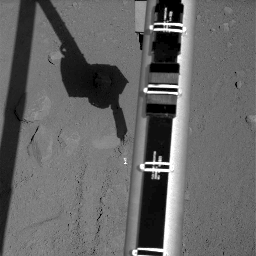 The Surface Stereo Imager on NASA's Phoenix Mars Lander recorded this image of the lander's Robotic Arm enlarging and combining the two trenches informally named 'Dodo' (left) and 'Goldilocks.'